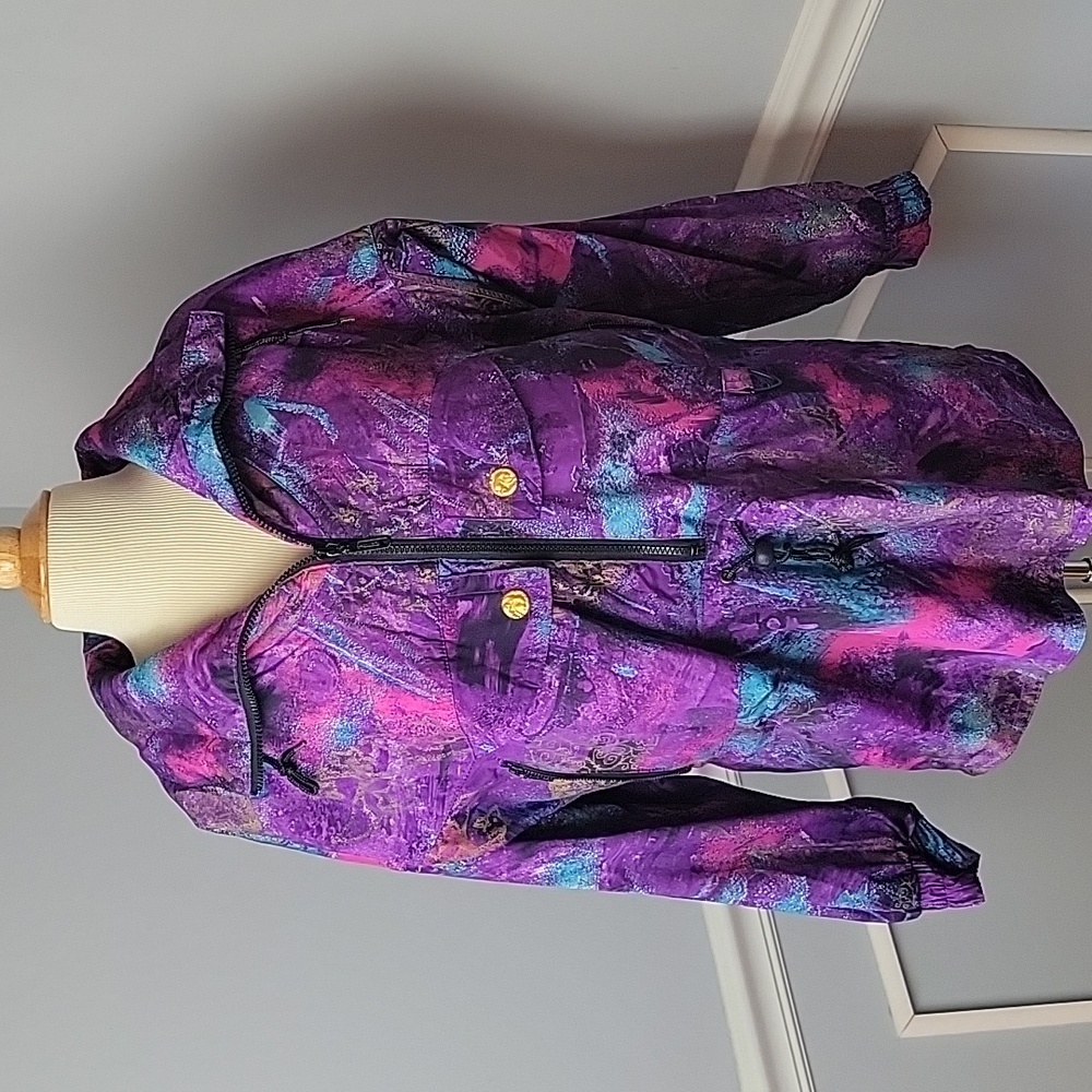 BLACK BEAR VTG 80s Purple Teal Retro Print Half Zip Ski‎ Shell Active Jacket 8